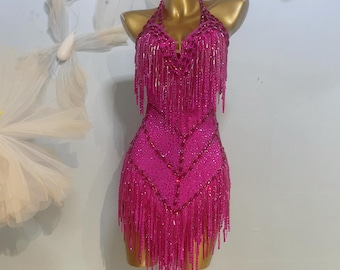 Vestido latino hecho a medida, 40 colores, para mujeres y niñas, con flecos, para competición de baile latino, traje profesional, chachachá, tango, lleno de piedras, rosa fucsia.