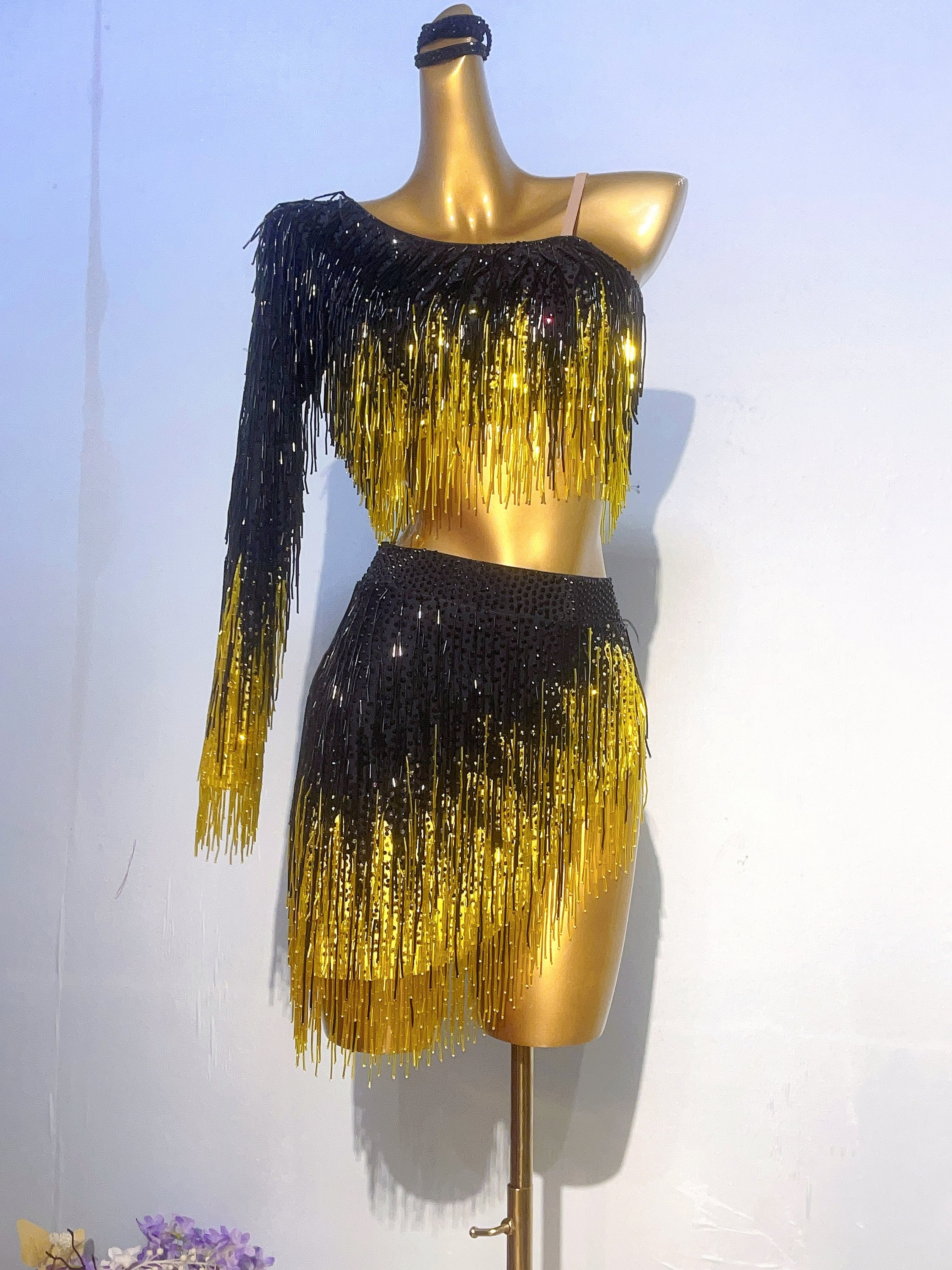 Custom Made Latin Dress 40 Colors Women Girls Fringe Latin Dance Competition Professional Costume Chacha Tango Full of Stones Black Gold