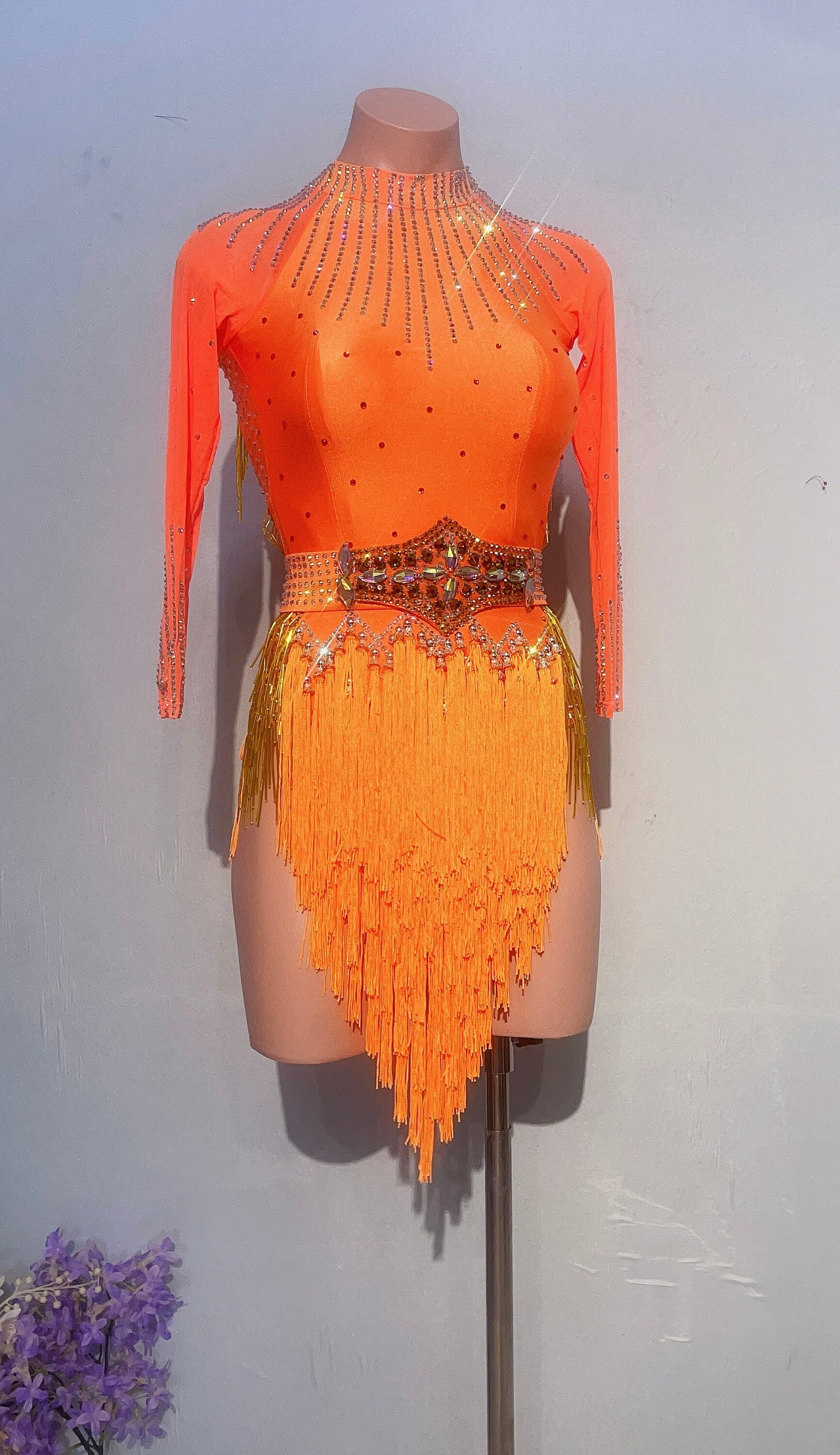 orange salsa dress Orange Sequin Fringe Bachata Dance Dress