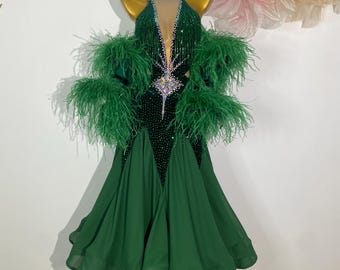 Custom Made Smooth Dance 40 Colors Women Ballroom Standard Dress Professional Costume Chacha Tango Ostrich Feather Green