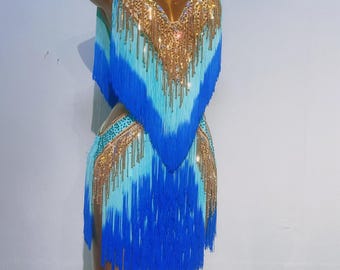 Custom Made Made to order Latin Dress 40 Colors to Choose Adult Women Kids Girls Fringe Latin Dance Competition Dress Blue