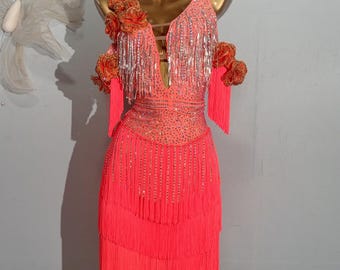 Custom Made to order Latin Jurk 40 kleuren om te kiezen Dames Meisjes kinderen Fringe Latin Dance American Rhythm Competition Dress Koraaloranje