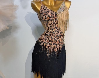 Vestido latino de leopardo negro hecho a medida para mujeres y niñas con flecos, vestido de competición profesional de baile latino, vestido de tango, vestido de exhibición
