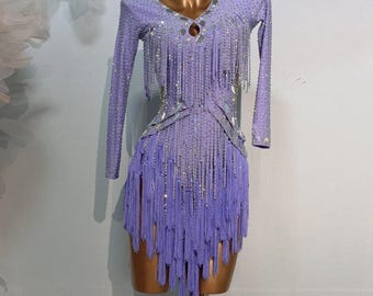 Custom Made Latin Jurk 40 Kleuren Vrouwen Meisjes Fringe Latin Dance Amerikaanse Ritme Concurrentie Jurk met lange Mouwen Lichtpaars Lila