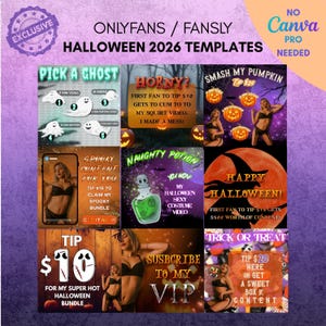 May include: A digital collage of nine Halloween-themed social media templates for OnlyFans and Fansly. The graphics feature text overlays, pumpkin illustrations, witch silhouettes, and photographs of a person in black lingerie against spooky backgrounds.