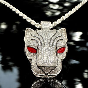 Iced Out 3D Panther Pendant | 925 Sterling Silver Jewelry | Cubic Zirconia with Red Enamel Eyes | Bold Hip Hop Style for Men and Women