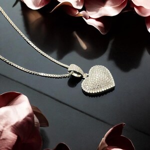 May include: A silver necklace with a heart-shaped pendant encrusted with sparkling crystals. The pendant is the focal point, reflecting light against a dark background. Pink petals frame the jewelry.