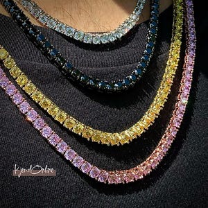 Silver CZ Tennis Chain Necklace – Silver, Black, Canary Yellow , or Pink Rose Gold | Iced Out Choker for Men & Women | Hip Hop Jewelry Gift