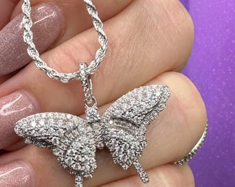 Moissanite Butterfly Necklace | 925 Sterling Silver Pendant with Rope Chain | Elegant Gift for Women | Symbolic Jewelry Piece