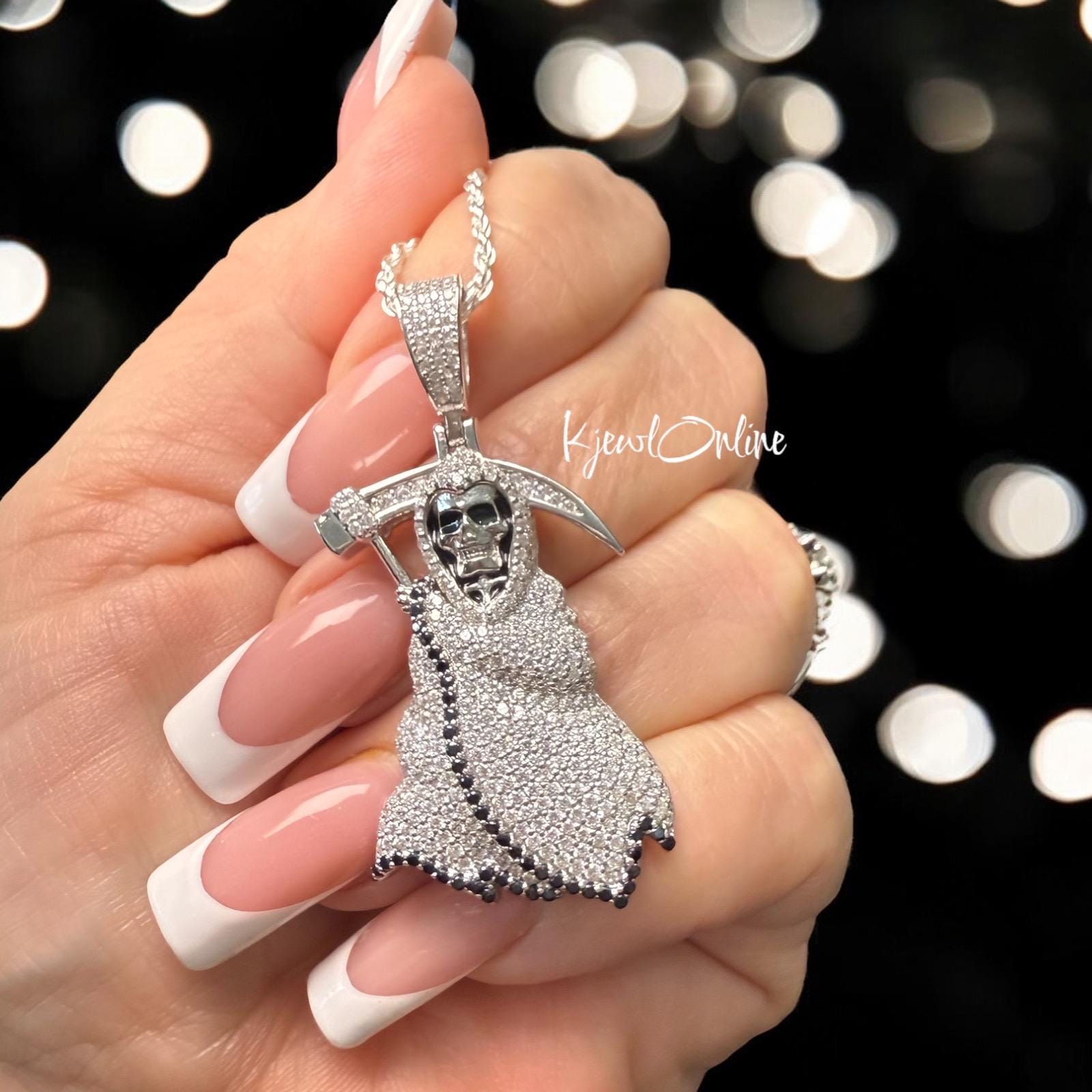 Santa Muerte Grim Reaper Pendant | 925 Sterling Silver | CZ Iced