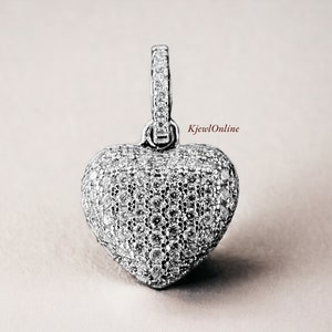 Puffed Micro Pave 0.59 ctw Heart Pendant VS Moissanite Sterling Silver, Heart Charm Necklace, Love Jewelry Gift