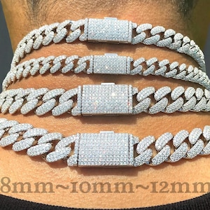 Moissanite Miami Cuban Link Chain | 925 Sterling Silver Prong Set Iced Out Jewelry VVS Sparkle Gift for Men or Women | 8mm 10mm 12mm
