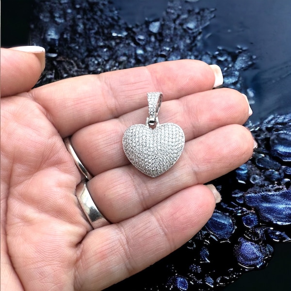 Puffed Micro Pave 1.3 ctw Heart Pendant VVS Moissanite Sterling Silver, Heart Charm Necklace, Love Jewelry Gift