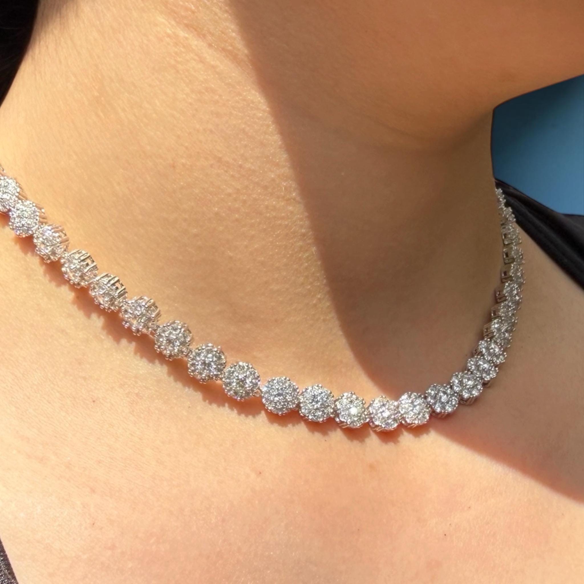 5mm/7mm Iced Out Cluster Tennis Chain, 925 Sterling Silver Floral