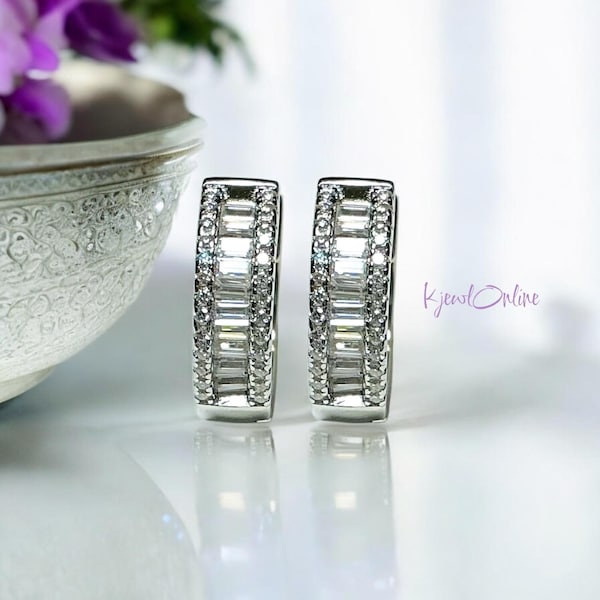 VVS Moissanite Huggie Hoop Earrings | Luxury Bridal Jewelry | Baguette & Pave Moissanite Hoops | 925 Sterling Silver Earrings