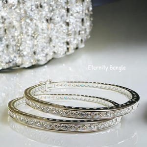 Iced Diamond Eternity Bangle | 925 Sterling Silver Princess-Cut CZ Hinged Bracelet | Luxury Gift for Women