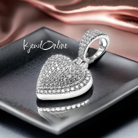 Moissanite Heart Shaped Pendant, Puffed Pave Setting, Sterling Silver, Romantic Love Jewelry