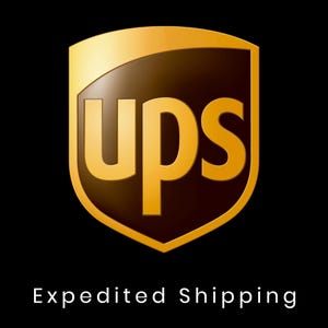 May include: The UPS logo, a shield shape in shades of brown and gold, with the letters "ups" in gold. Below the logo, the words "Expedited Shipping" are written in white on a black background.