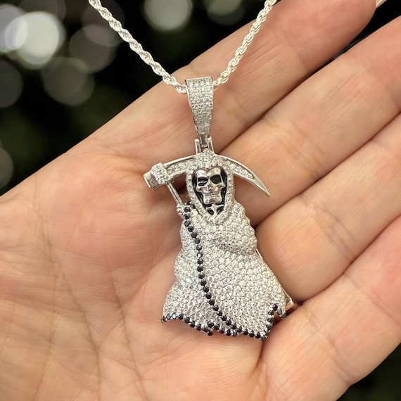 Santa Muerte Grim Reaper Pendant | 925 Sterling Silver | CZ Iced