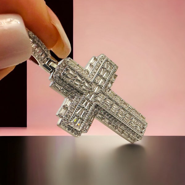 Cubic Zirconia Cross Pendant, Sterling Silver 2" Large Cross, CZ Religious Necklace, Christian Gift Idea