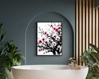Ingelijste zwart-witte kersenbloesem moderne poster kunst aan de muur | Groot eigentijds botanisch wanddecor | Inkt en bloei