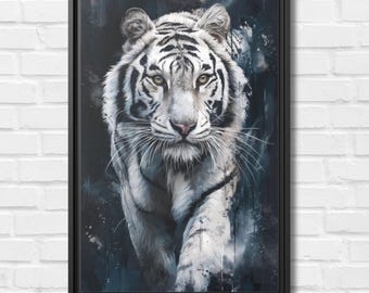 Lienzo de tigre blanco enmarcado, arte de pared, pintura abstracta de animales, decoración de vida silvestre, arte de pared moderno y audaz, regalo para amantes de la naturaleza.