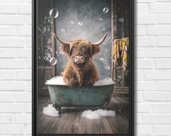 May include: A framed print featuring a Highland cow in a vintage teal bathtub filled with bubbles. The cow has long, shaggy brown fur and large horns. The background includes a wooden floor, a partially visible door, and floating bubbles.