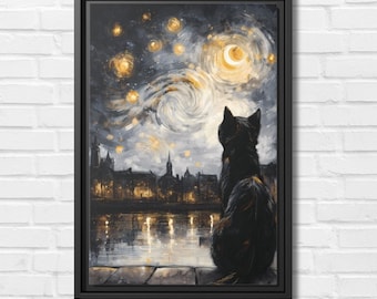 Funny Black Cat Wall Art - Van Gogh Starry Night Inspired Canvas Painting, 8x10 Inches, Framed