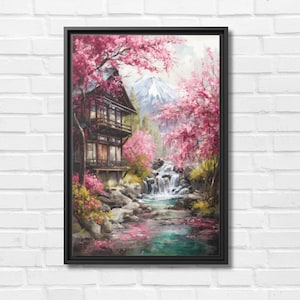 Framed Japanese Canvas Wall Art | Sakura Cherry Blossom Print | Serene Nature Decor | Tranquil Asian Landscape | Gift for Nature Lovers