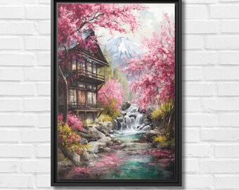 Framed Japanese Canvas Wall Art | Sakura Cherry Blossom Print | Serene Nature Decor | Tranquil Asian Landscape | Gift for Nature Lovers