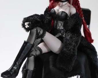 May include: A red-haired doll wearing a black fur coat, a black lace top, and black boots. The doll is sitting on a chair and has a cross necklace. The doll's name is Anubis and the text "1/4 bjd doll" is visible. The text "Shugo Fairy Undefined Free tobloom" is also visible.