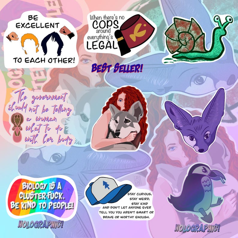 May include: A set of colorful stickers with various designs, including a snail, a fox, a wolf, a woman, a penguin, a hat, and text. The stickers have a holographic finish and are perfect for adding a touch of personality to laptops, water bottles, or journals.