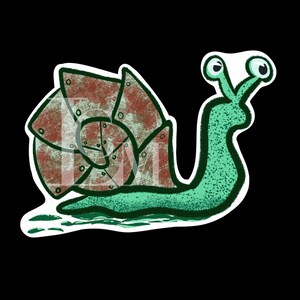 May include: A cartoon snail with a green body and a brown shell with a rusty texture. The snail has large, round eyes.