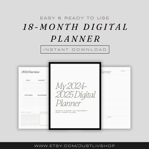 May include: A digital planner with a black and white design. The planner covers July 2024 to December 2025 and includes weekly pages. The text "My 2024-2025 Digital Planner" is displayed on the cover.