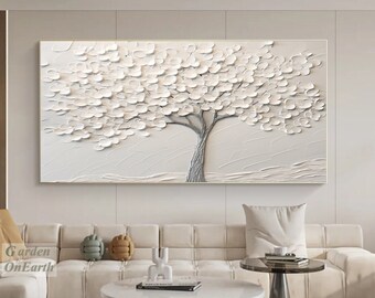 Original White Abstract Tree Canvas Painting 3D Textured Wall Art White Textured Painting Wabi-Sabi Style Decorative Art Living Room Art