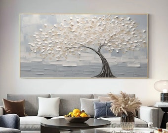 Tableau blanc texturé 3D avec arbre, tableau abstrait bleu et gris, grand tableau de paysage, acrylique bleu, art texturé, décoration moderne, art mural