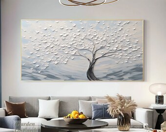 White 3D Texture Abstract Painting Blue and Gray Canvas Minimalist Painting Large Tree Painting White Texture Wall Art Decorative Painting