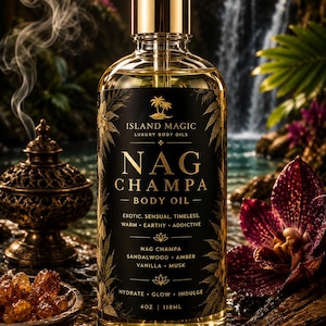 May include: A clear glass bottle of Island Magic Nag Champa body oil with a gold dropper cap. The black label features gold text reading Island Magic, Nag Champa, Body Oil, and lists ingredients like sandalwood, amber, vanilla, and musk, totaling 4 oz.