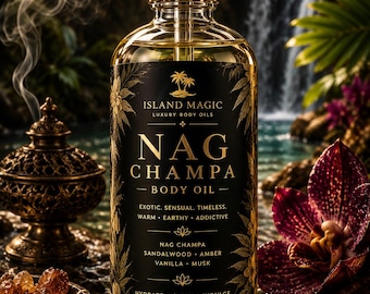 Nag Champa Körperöl | Luxus parfümiertes Körperöl | Sandelholz Amber Vanille Moschus | Glühendes Hautöl | Exotisches Körperöl | Inselzauber
