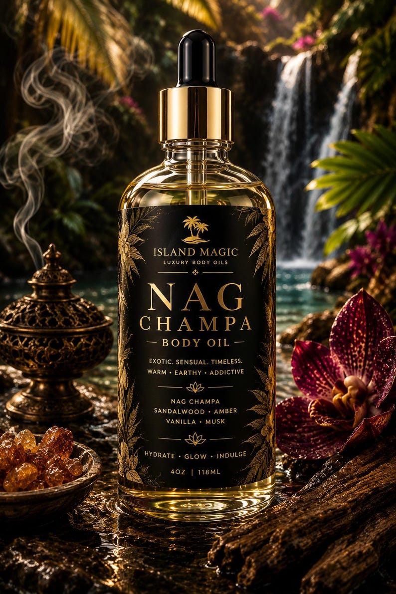 May include: A clear glass bottle of Island Magic Nag Champa body oil with a gold dropper cap. The black label features gold text reading Island Magic, Nag Champa, Body Oil, and lists ingredients like sandalwood, amber, vanilla, and musk, totaling 4 oz.