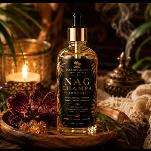 May include: A clear glass bottle of Island Magic Nag Champa body oil with a black label featuring gold text, a dropper cap, and a volume of 4 oz. The label lists ingredients including Nag Champa, sandalwood, amber, vanilla, and musk.