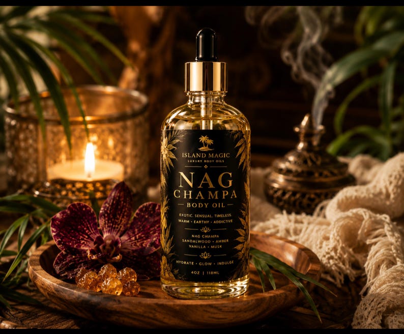 May include: A clear glass bottle of Island Magic Nag Champa body oil with a black label featuring gold text, a dropper cap, and a volume of 4 oz. The label lists ingredients including Nag Champa, sandalwood, amber, vanilla, and musk.