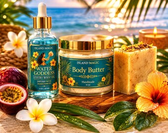 Island Glow Körperöl, Butter, Seife Set | Tropisches Luxus-Hautpflege-Bundle