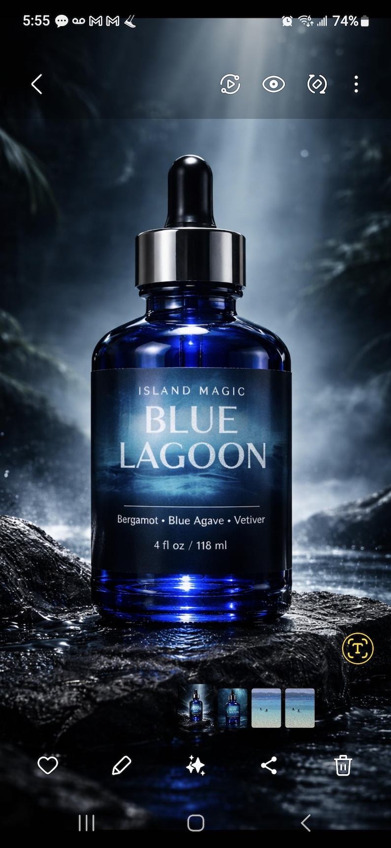 K&ouml;nnte beinhalten: Eine dunkelblaue Glasflasche mit schwarzer Pipette, beschriftet mit "ISLAND MAGIC BLUE LAGOON". Das Etikett listet die Inhaltsstoffe auf: Bergamotte, Blaue Agave und Vetiver. Die Flasche enth&auml;lt 118 ml.