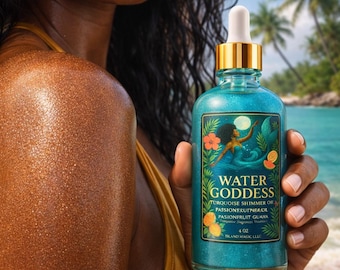 Huile corporelle scintillante Water Goddess pour une peau éclatante | Huile corporelle à la goyave et fruit de la passion | Huile phosphorescente Luxury Island | Huile corporelle éclat à la mélanine | Tropicale