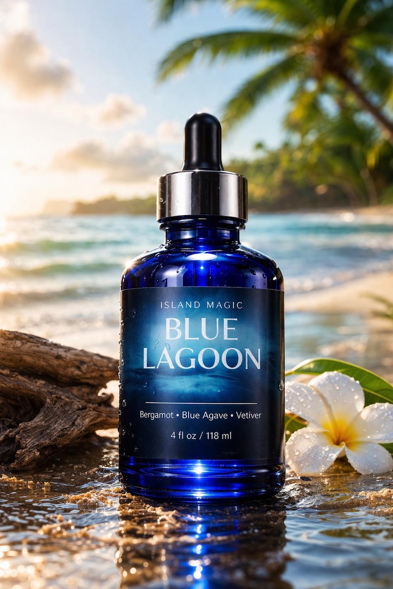 K&ouml;nnte beinhalten: Eine dunkelblaue Glasflasche mit silberner Pipette, beschriftet mit "BLUE LAGOON" mit "Bergamot, Blue Agave, Vetiver" und 118 ml. Die Flasche steht auf nassem Sand, mit Strand und Palmen im Hintergrund.