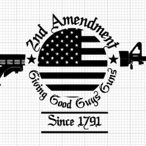 以下が含まれることがあります： アメリカの国旗と「2nd Amendment Giving Good Guys Guns Since 1791」というテキストが描かれた白黒のグラフィックデザイン。
