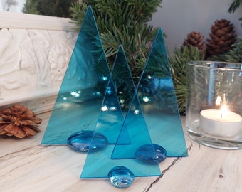 Turquoise stained glass Christmas trees set of 3