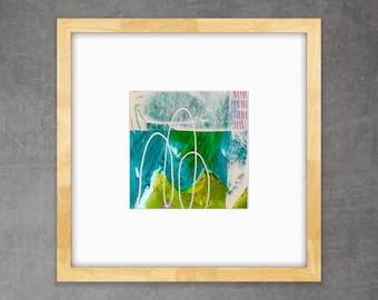 Original Abstract Painting 5x5, Framed 8x8, Acrylic Mixed Media Art, Organic Modern Teal Blush | F