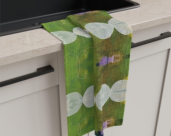 Abstract Green Scallops with Floral Line Art Microfiber Tea Towel | Kitchen Linen